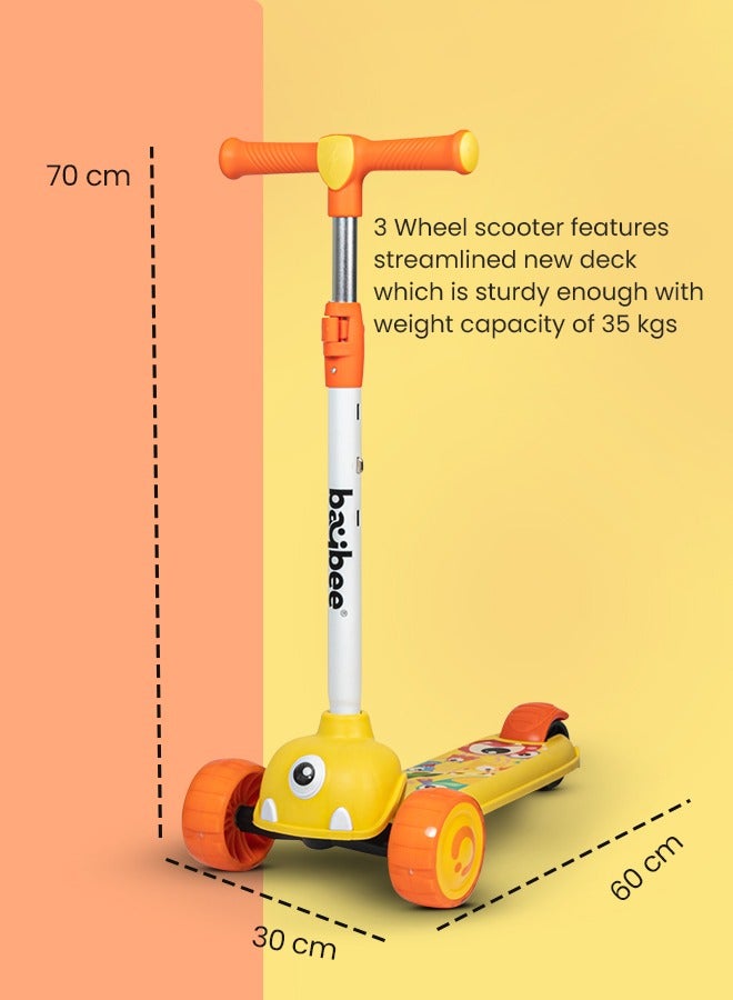 Baybee Kick Scooter for Kids, 3 Wheel Kids Scooter with 3 Height Adjustable Handle, Skate Scooter with Led PU Wheels & Rear Brake, Runner Scooter for Kids 2 to 10 Years Boy Girl Yellow