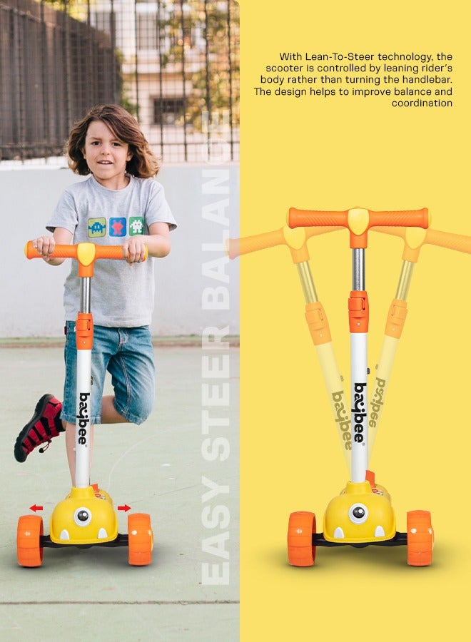 Baybee Kick Scooter for Kids, 3 Wheel Kids Scooter with 3 Height Adjustable Handle, Skate Scooter with Led PU Wheels & Rear Brake, Runner Scooter for Kids 2 to 10 Years Boy Girl Yellow