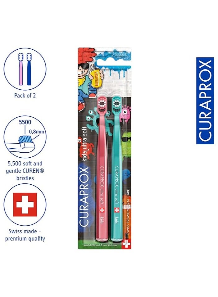 Curaprox CS Kids Special Edition: Kids Graffiti Toothbrush, Pack of 2, Ultra Soft Toothbrush for Kids
