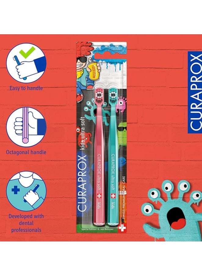 Curaprox CS Kids Special Edition: Kids Graffiti Toothbrush, Pack of 2, Ultra Soft Toothbrush for Kids