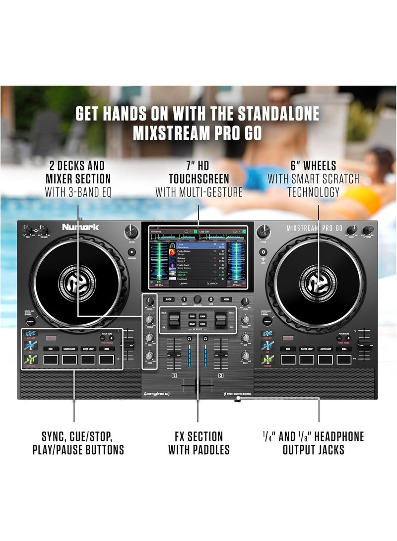 Numark Mixstream Pro Go - Standalone DJ Controller with Battery, DJ Mixer, Speakers, WiFi, Touchscreen, Works with Serato DJ