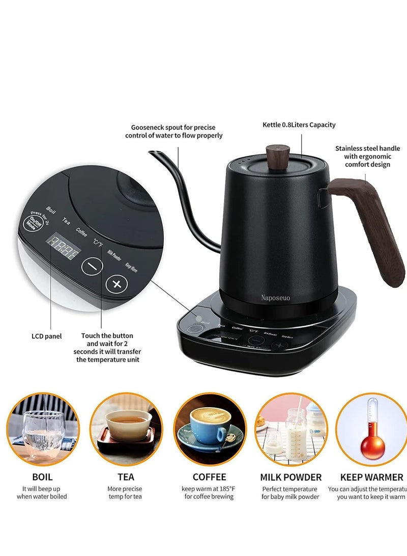 Electric Gooseneck Kettle,3 Presets Pour Over Electric Kettle for Coffee&Tea,Quick Heating Hot Water Kettle, Stainless Steel Inner, Auto Shutoff Boil-Dry Protection, 1000W,0.8L,Black