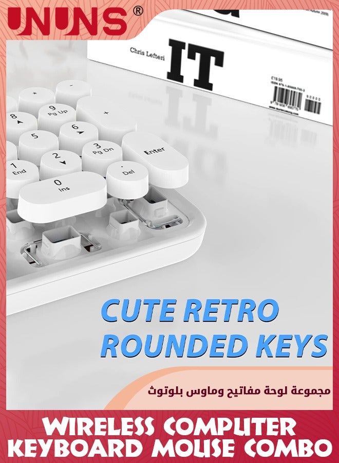 104 Keys Wireless Keyboard Mouse Combo,Ergonomic Full Size Typewriter Retro Round KeycapsKeyboard With Mouse For Windows PC Computer Notebook Laptop,White