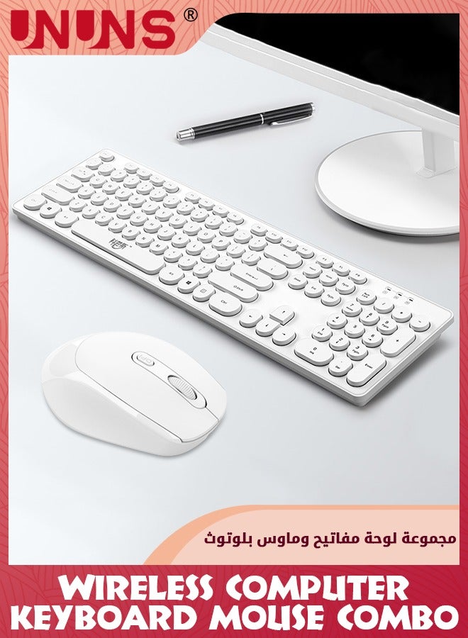 104 Keys Wireless Keyboard Mouse Combo,Ergonomic Full Size Typewriter Retro Round KeycapsKeyboard With Mouse For Windows PC Computer Notebook Laptop,White
