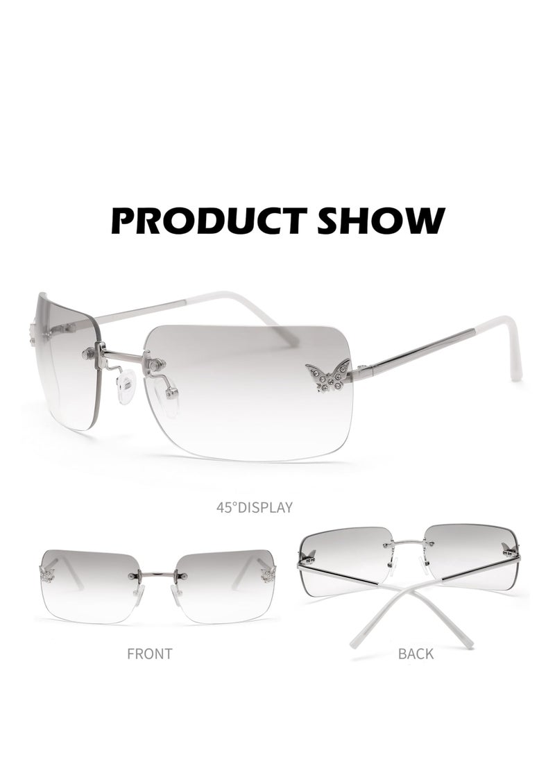 Rectangle Y2K Rimless Sunglasses for Women Retro Trendy Square Sun Glasses Vintage Shades