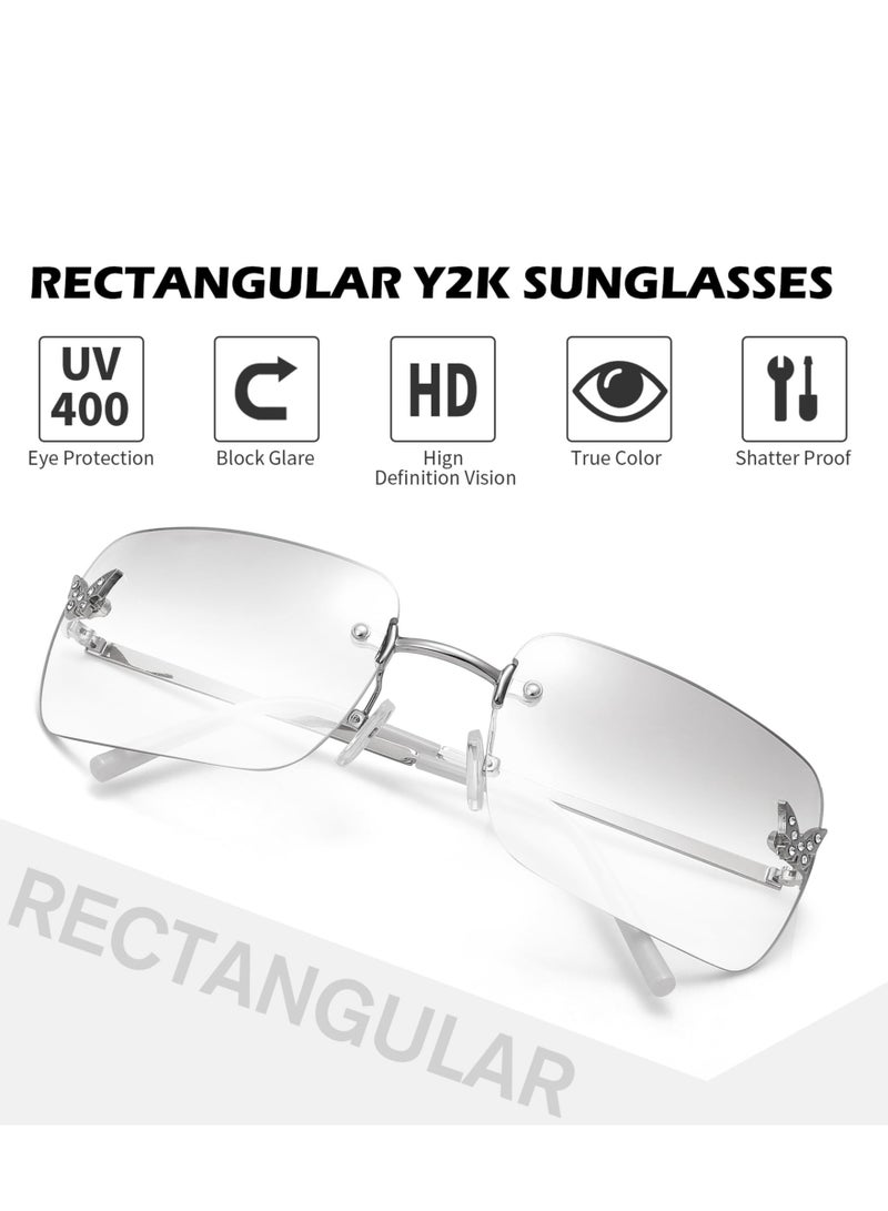 Rectangle Y2K Rimless Sunglasses for Women Retro Trendy Square Sun Glasses Vintage Shades