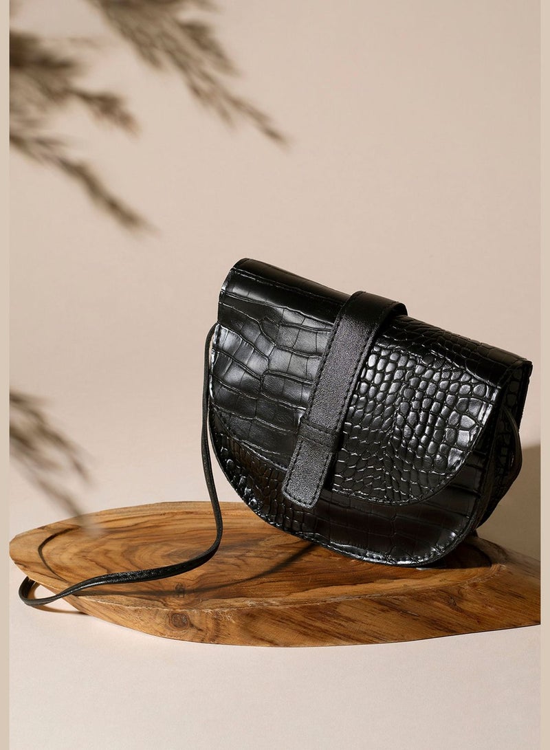 Textured Push Lock Sling Bag with Buckle detail
