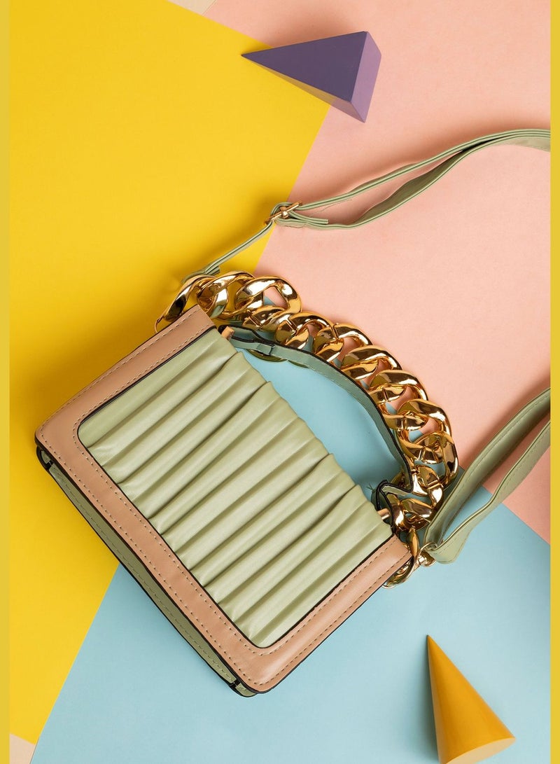 Striped Magnet Lock Hand Bag with Chain Strap