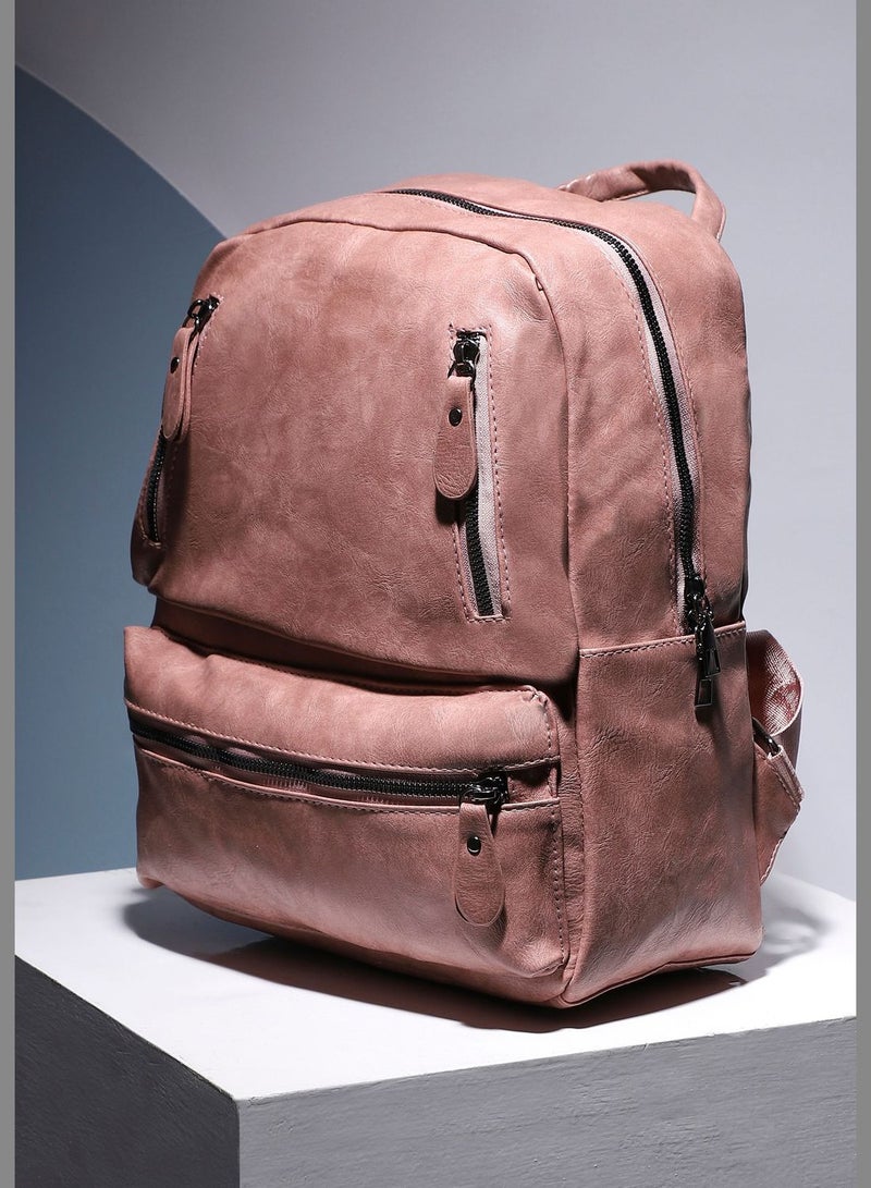 Solid Zip Lock Regular Vegan Leather Backpack For Women
