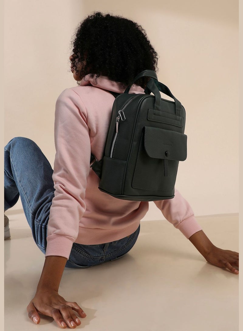Solid Zip Lock Regular Vegan Leather Backpack For Women