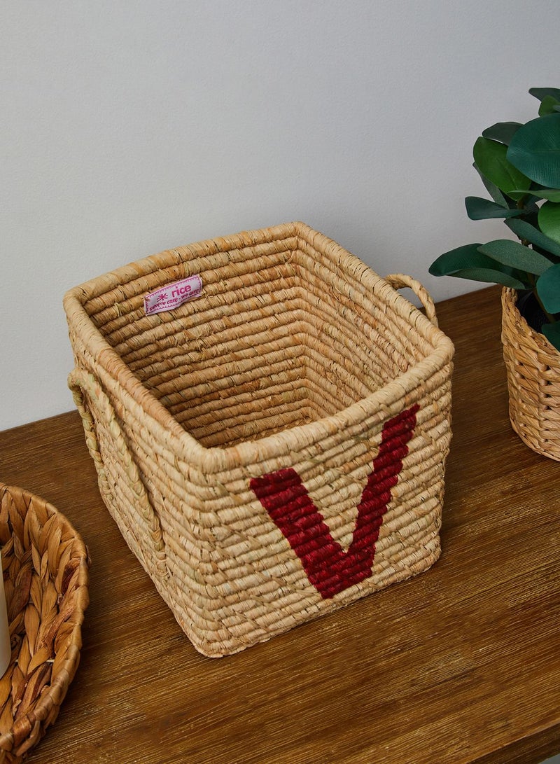 V Initial Raffia Square Basket