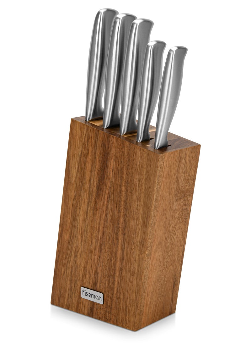 6-Piece Knife Set Nagatomi with Acacia Wooden Block X30Cr13 Steel, Chef Knife 20cm, Slicing Knife 20cm, Bread Knife 20cm, Utility Knife 13cm, Pairing Knife 9cm, Complete Set with Stand