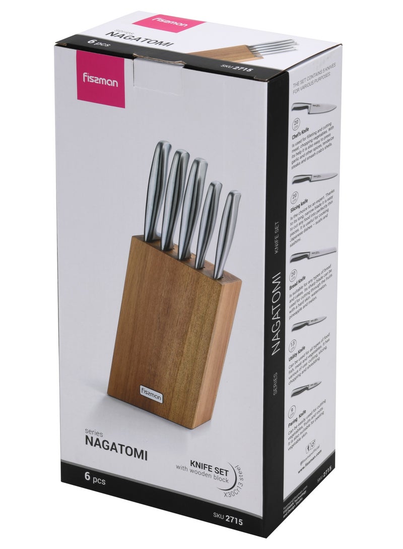 6-Piece Knife Set Nagatomi with Acacia Wooden Block X30Cr13 Steel, Chef Knife 20cm, Slicing Knife 20cm, Bread Knife 20cm, Utility Knife 13cm, Pairing Knife 9cm, Complete Set with Stand