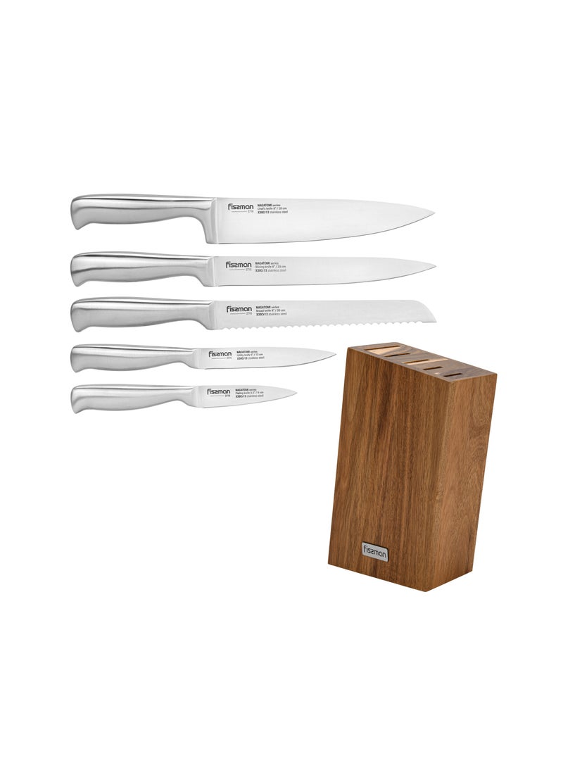 6-Piece Knife Set Nagatomi with Acacia Wooden Block X30Cr13 Steel, Chef Knife 20cm, Slicing Knife 20cm, Bread Knife 20cm, Utility Knife 13cm, Pairing Knife 9cm, Complete Set with Stand