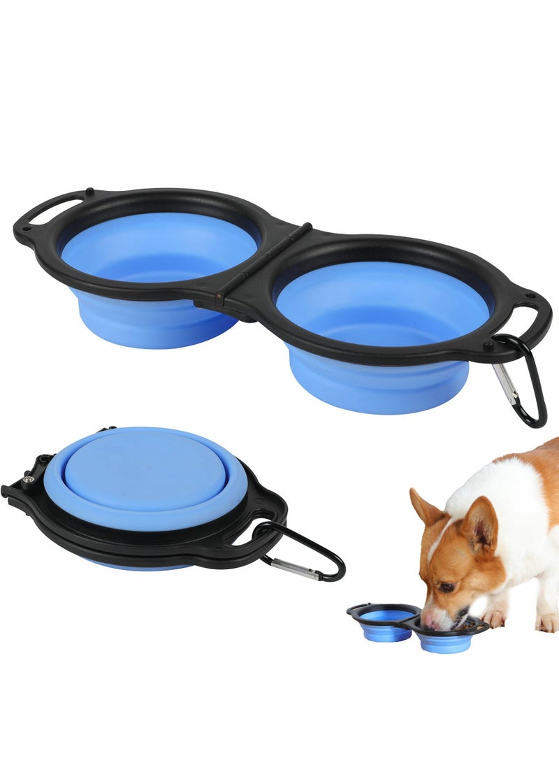 Collapsible Dog Bowls, Portable Travel Pet Feeder Bowl, 2 in 1 Expandable Silicone Pet Food & Water Double Bowl, Cat Feeder Dish with Carabiner for Walking, Traveling, Hiking, Camping（Blue）