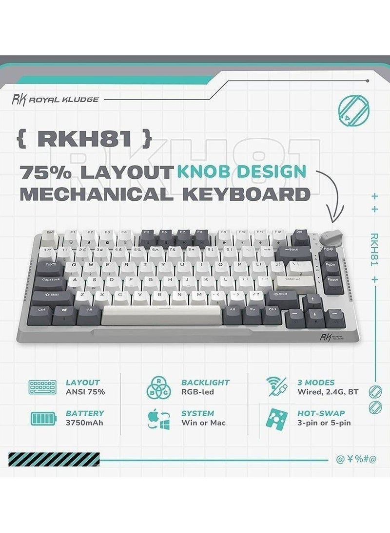 RKH81 Tri-Mode 80% Gasket Structure Wireless Mechanical Gaming Keyboard, Brown Switches Hot-Swappable RGB Knob Control