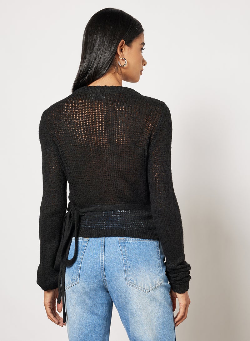 Rib Detail Overlap Knitted Plunge Neck Sweater Black