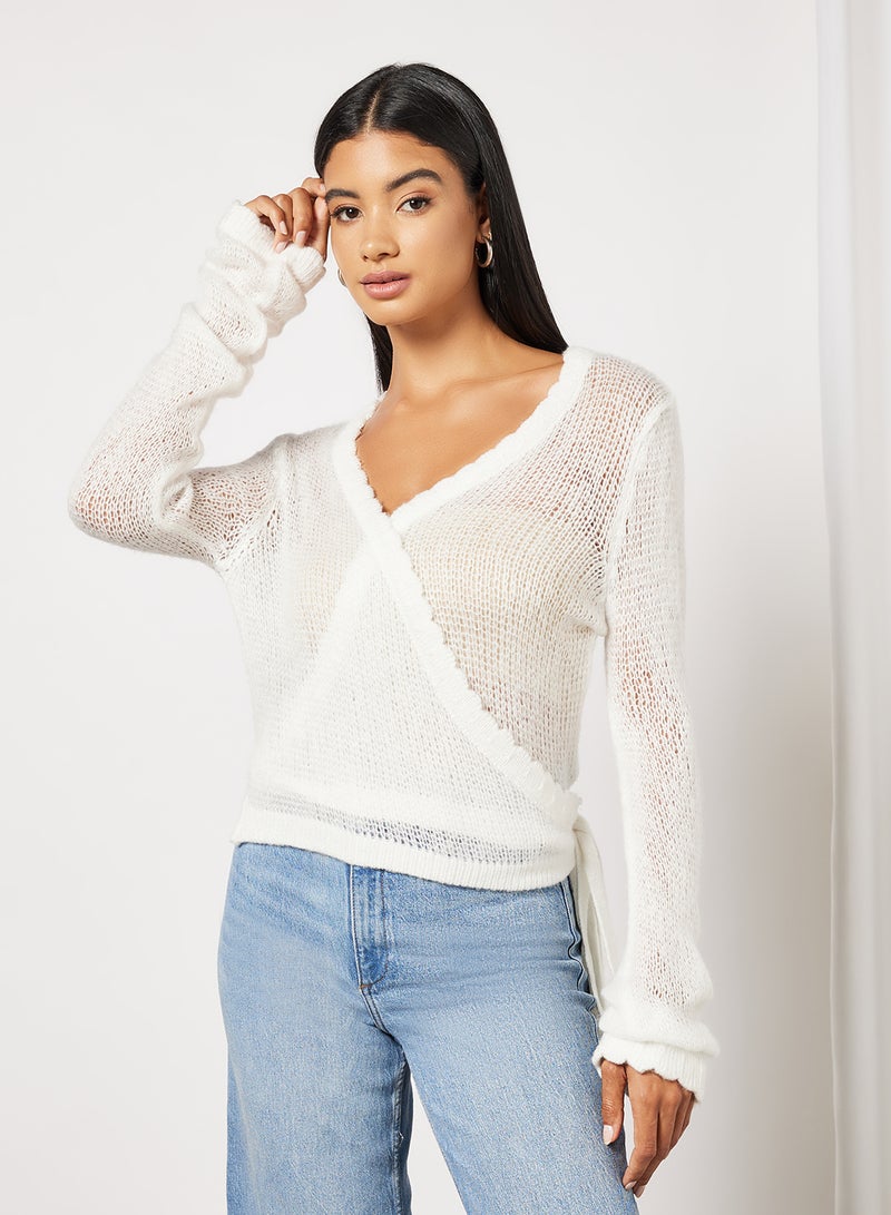 Rib Detail Overlap Knitted Plunge Neck Sweater Off White