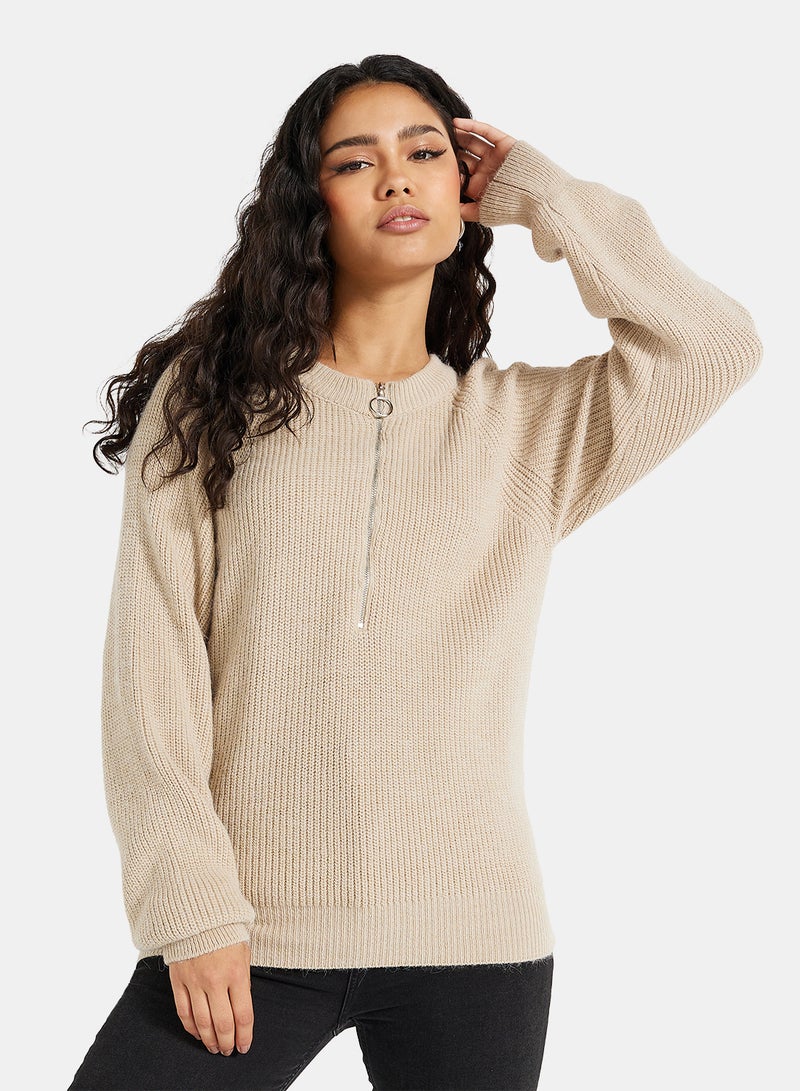 Zip Detail Sweater Beige