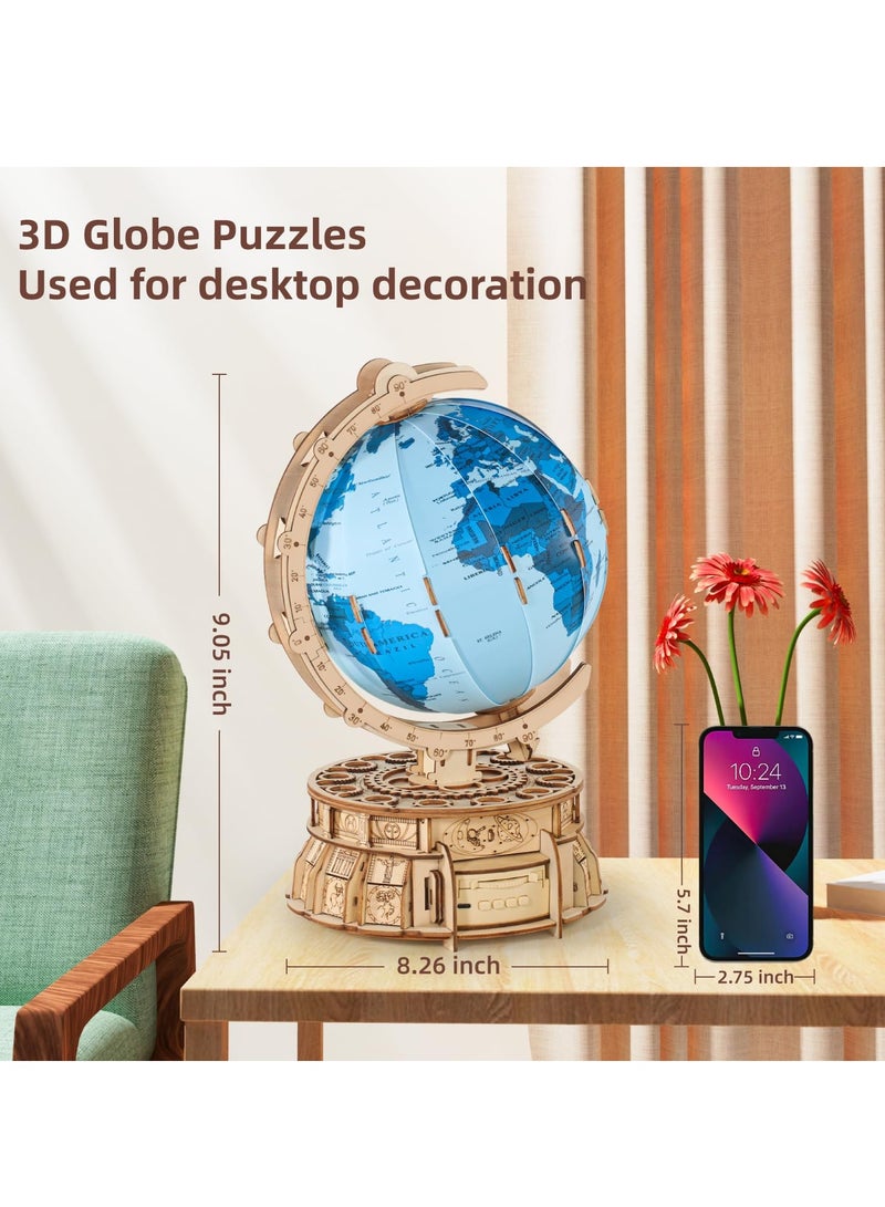 3D Wooden Puzzles for Adults USB Charging Illuminated Globe Music Box DIY LED Wood Model Building Kits with Space Projector Stem Toys for Kids Desk Decor for Boys/Girls Ages 8+