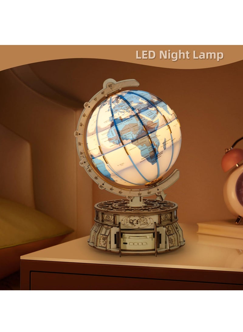 3D Wooden Puzzles for Adults USB Charging Illuminated Globe Music Box DIY LED Wood Model Building Kits with Space Projector Stem Toys for Kids Desk Decor for Boys/Girls Ages 8+