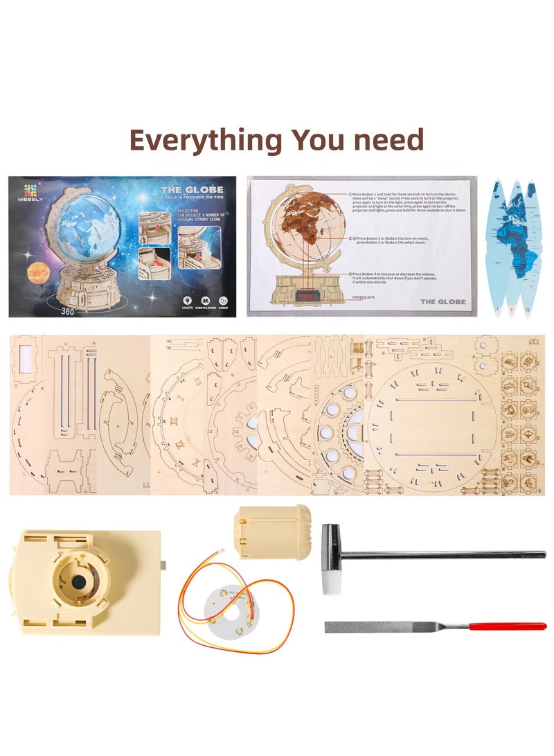 3D Wooden Puzzles for Adults USB Charging Illuminated Globe Music Box DIY LED Wood Model Building Kits with Space Projector Stem Toys for Kids Desk Decor for Boys/Girls Ages 8+