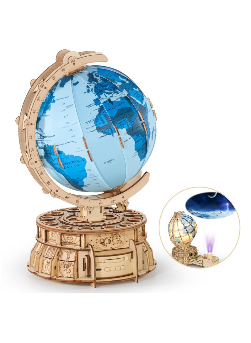 3D Wooden Puzzles for Adults USB Charging Illuminated Globe Music Box DIY LED Wood Model Building Kits with Space Projector Stem Toys for Kids Desk Decor for Boys/Girls Ages 8+