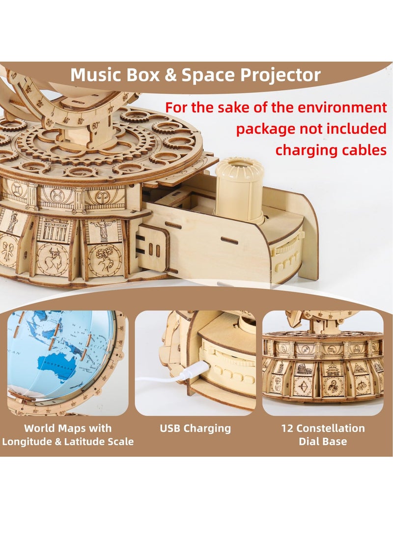 3D Wooden Puzzles for Adults USB Charging Illuminated Globe Music Box DIY LED Wood Model Building Kits with Space Projector Stem Toys for Kids Desk Decor for Boys/Girls Ages 8+
