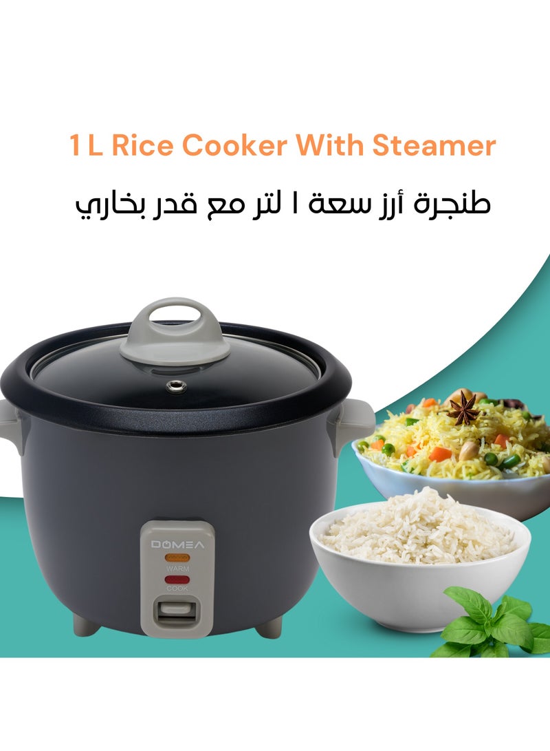 Rice cooker, 1 Liter Capacity, 400 Watts Electric Drum Cooker, With Removable Nonstick Cooking Bowl & Steaming Tray, Glass Lid, Warm & Cook Light Functions, For Fast Cooking, Black