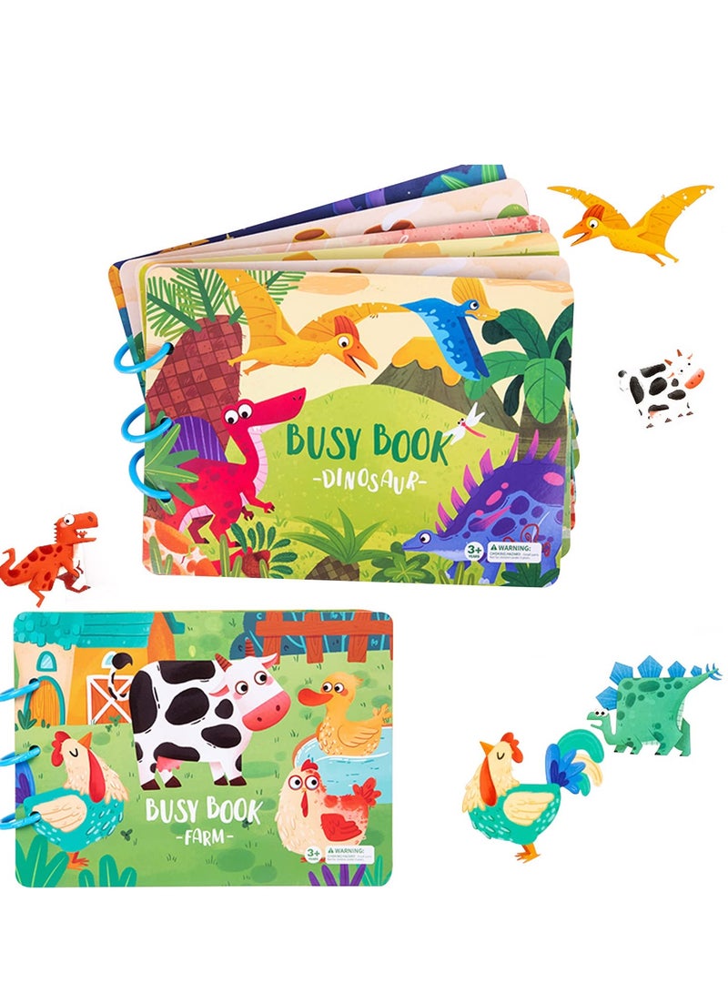Quiet Book for Young Children, 2 Pieces of Baby Early Education Scene Layout Sticker Puzzle Toy Dinosaur Animal Interactive Cognitive Book Suitable for Children to Develop Learning Skills