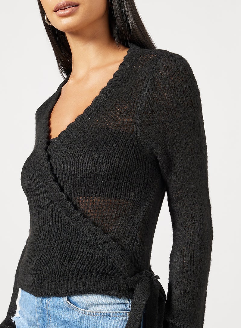 Rib Detail Overlap Knitted Plunge Neck Sweater Black