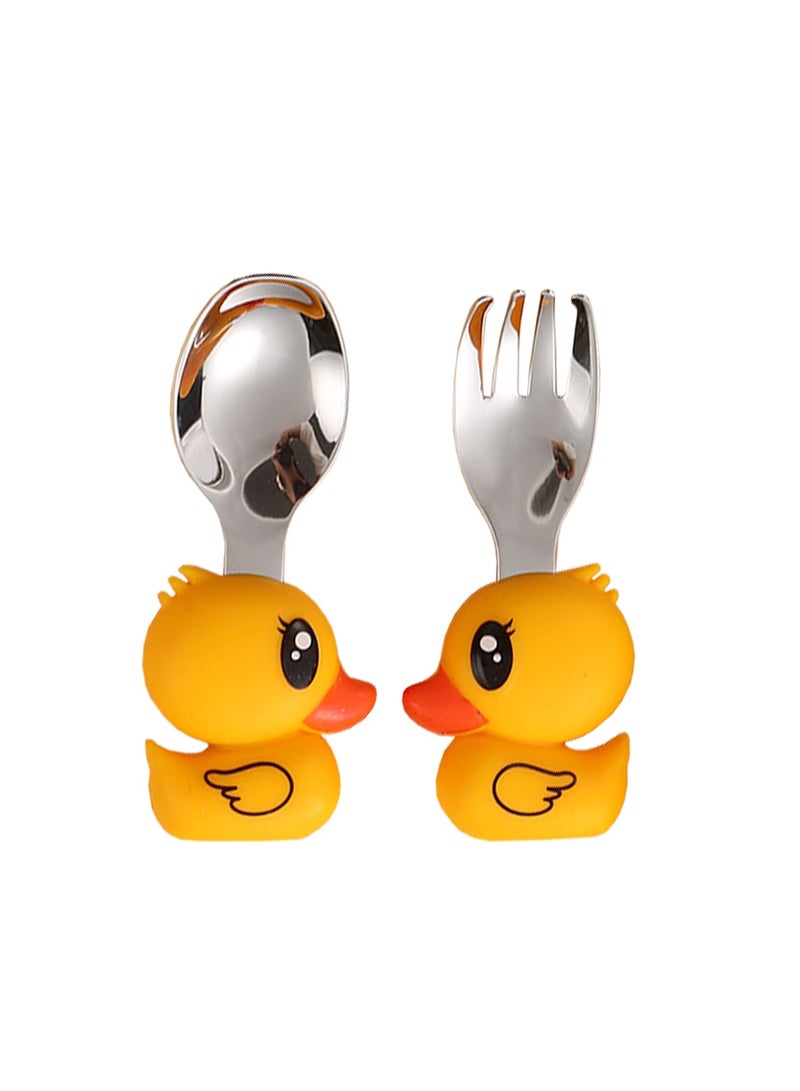 Little Yellow Duck 2-Piece Cutlery Set - Reusable Children's Fork and Spoon, Child Size, Made of Food Safe Stainless Steel Metal and Silicone - Suitable for 12 Months and Above