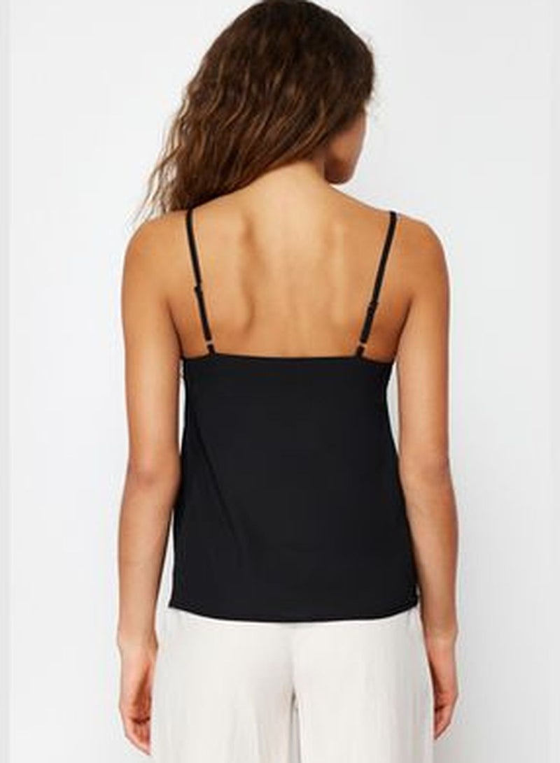 Black Collar Frilly Strappy Woven Blouse TWOSS24BZ00157