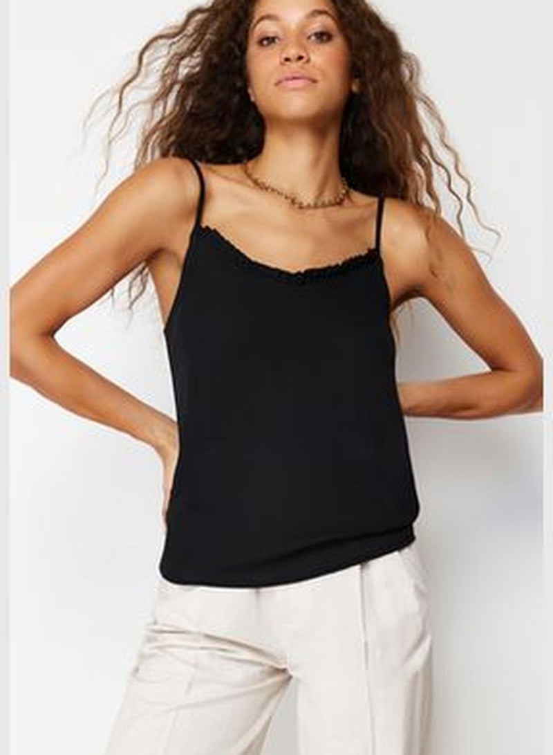 Black Collar Frilly Strappy Woven Blouse TWOSS24BZ00157