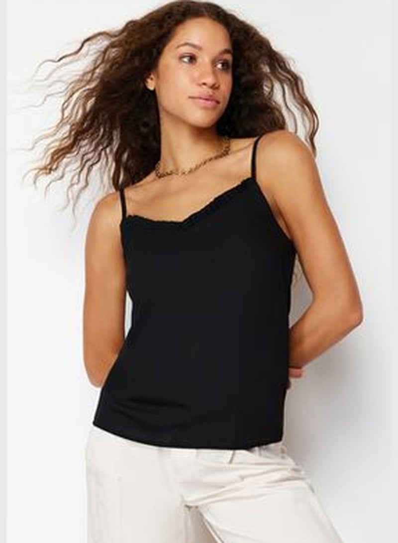 Black Collar Frilly Strappy Woven Blouse TWOSS24BZ00157