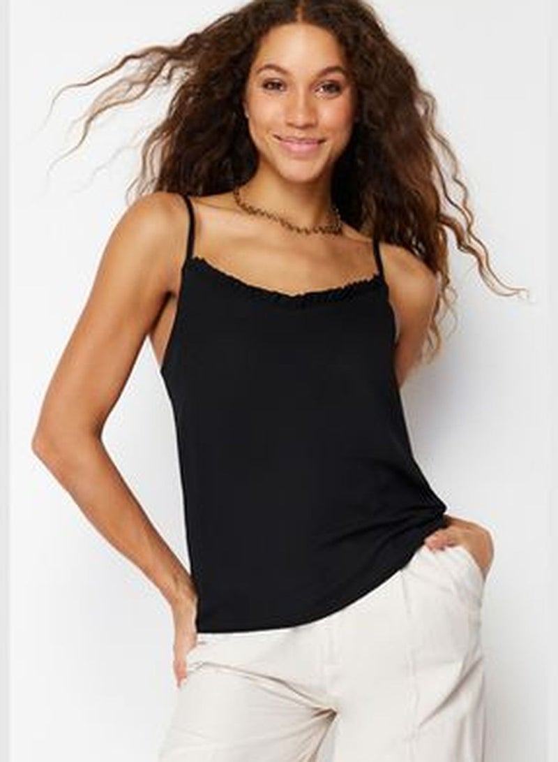 Black Collar Frilly Strappy Woven Blouse TWOSS24BZ00157