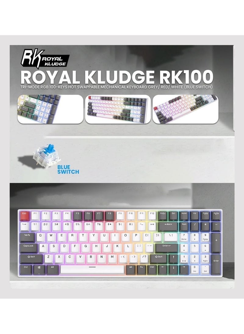 Royal Kludge RK100 Tri-Mode RGB 100 Keys Hot Swappable Mechanical Keyboard Grey/Red/White (Blue Switch)