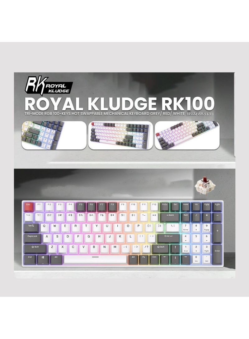 Royal Kludge RK100 Tri-Mode RGB 100 Keys Hot Swappable Mechanical Keyboard Grey/Red/White (Brown Switch)