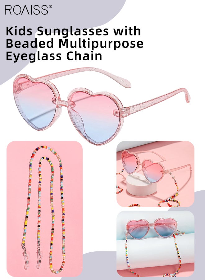 Heart Shaped Sunglasses for Kids with Colorful Beaded Glasses Chain, UV400 Protection Cute Beach Holiday Sun Glasses with Lightweight Frame for Boys Girls and Children Age 3-12, Transparent Pink