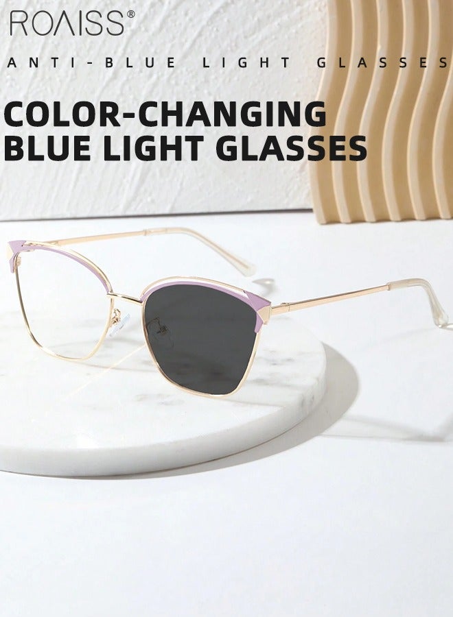 Women's Blue Light Blocking Glasses Anti UV and Glare Blue Light Filter Computer Glasses Cat Eye Color Changing Anti Eyestrain Headache Eyewear Purple and Gold 53mm