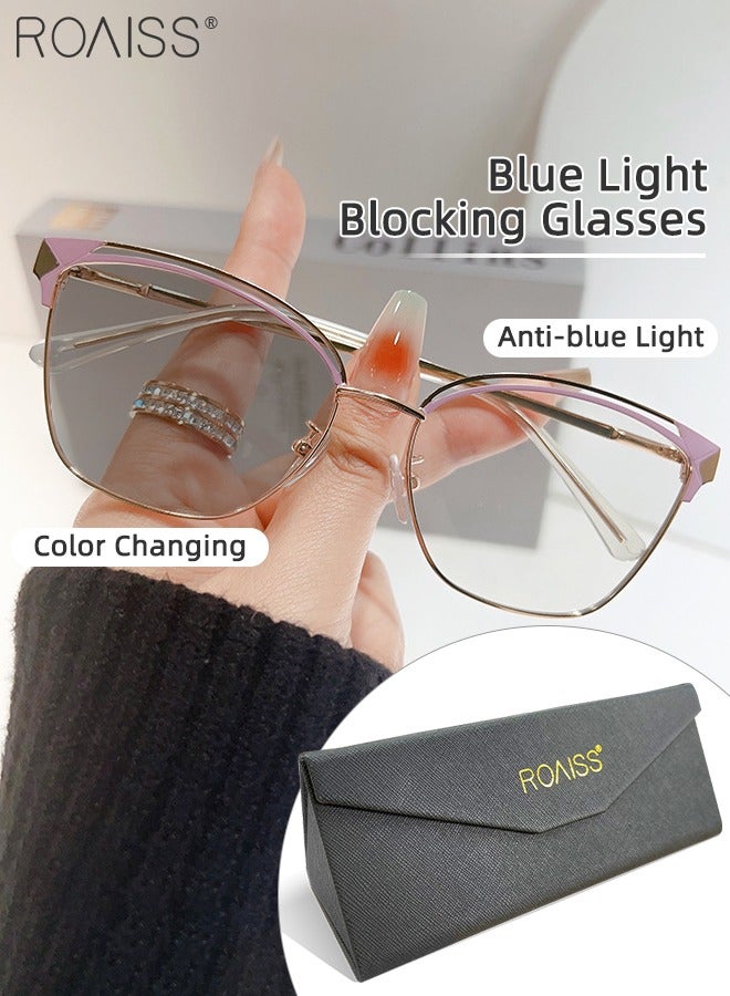 Women's Blue Light Blocking Glasses Anti UV and Glare Blue Light Filter Computer Glasses Cat Eye Color Changing Anti Eyestrain Headache Eyewear Purple and Gold 53mm