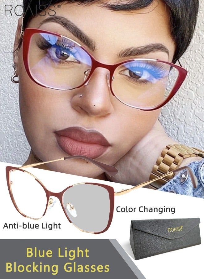 Women's Blue Light Blocking Glasses Anti UV and Glare Blue Light Filter Computer Glasses Cat Eye Color Changing Anti Eyestrain Headache Eyewear Burgundy and Rose Gold 52mm