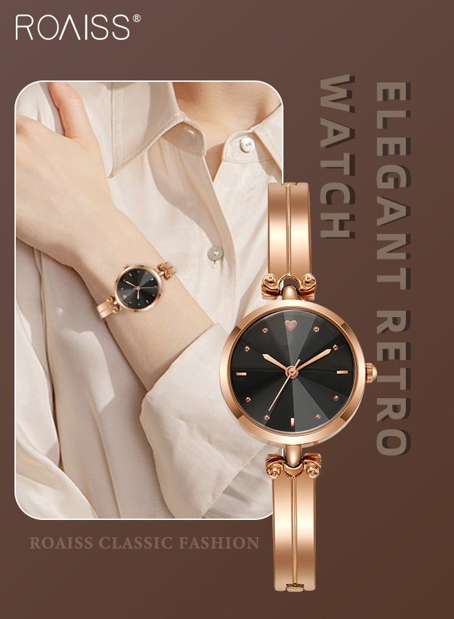 Women's Rose Gold Bracelet Quartz Watch, Analog Display Round Black Dial Watch, Waterproof Retro Watch as Gift for Women
