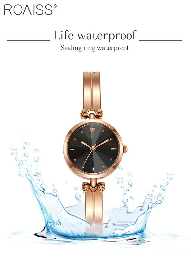Women's Rose Gold Bracelet Quartz Watch, Analog Display Round Black Dial Watch, Waterproof Retro Watch as Gift for Women