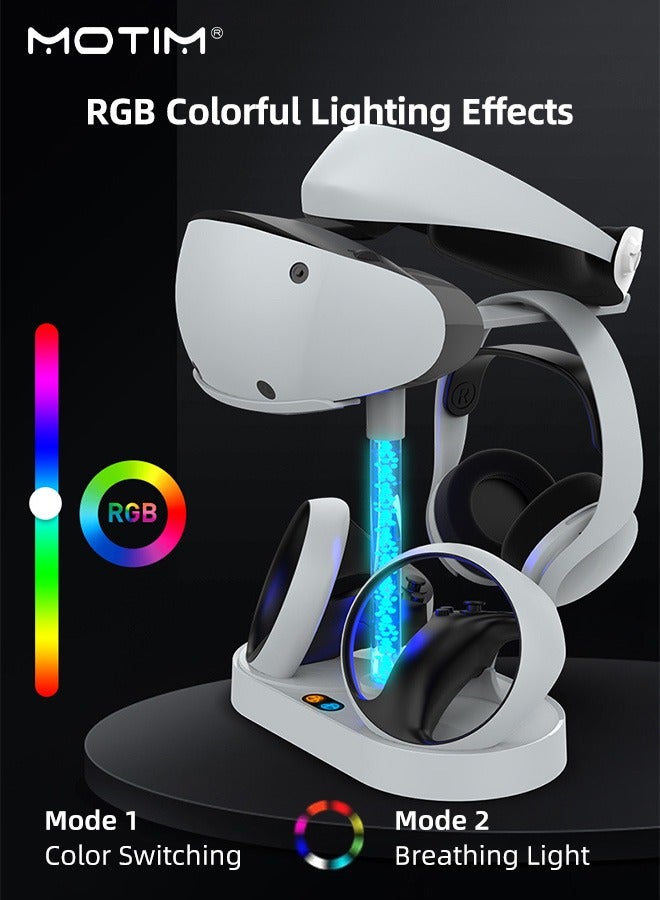 Charging Station for PS5 VR2 with RGB Light, Charging Stand Dock Support for PS5 VR2 Headset, Game Accessories Holder for Playstation VR2 Headphone with 4 Type-C Magnetic Adapters for Sense Controller