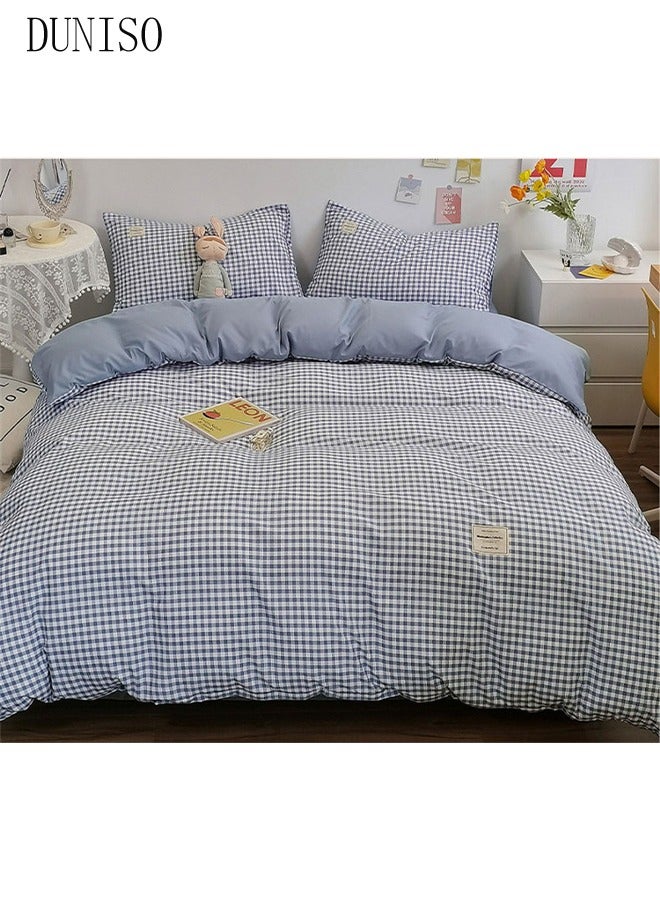 4 PCS Cotton Queen Size Bed Sheet Sets Soft Sheets Including Fitted Sheet Quilt Cover and 2 Pillowcases Pre Shrunk and Anti Pill Sheets Blue and White Plaid 220*240cm