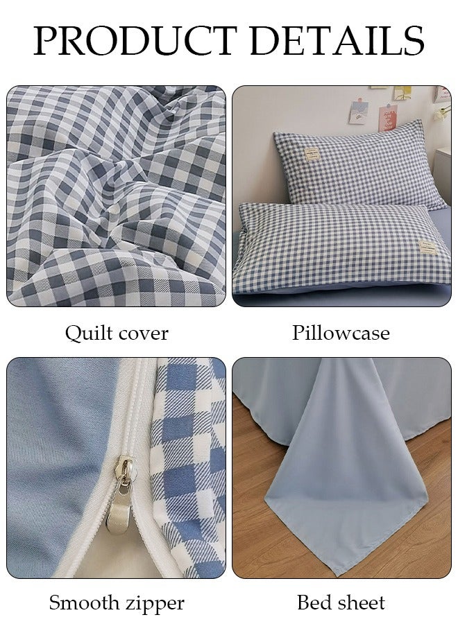 4 PCS Cotton Queen Size Bed Sheet Sets Soft Sheets Including Fitted Sheet Quilt Cover and 2 Pillowcases Pre Shrunk and Anti Pill Sheets Blue and White Plaid 220*240cm