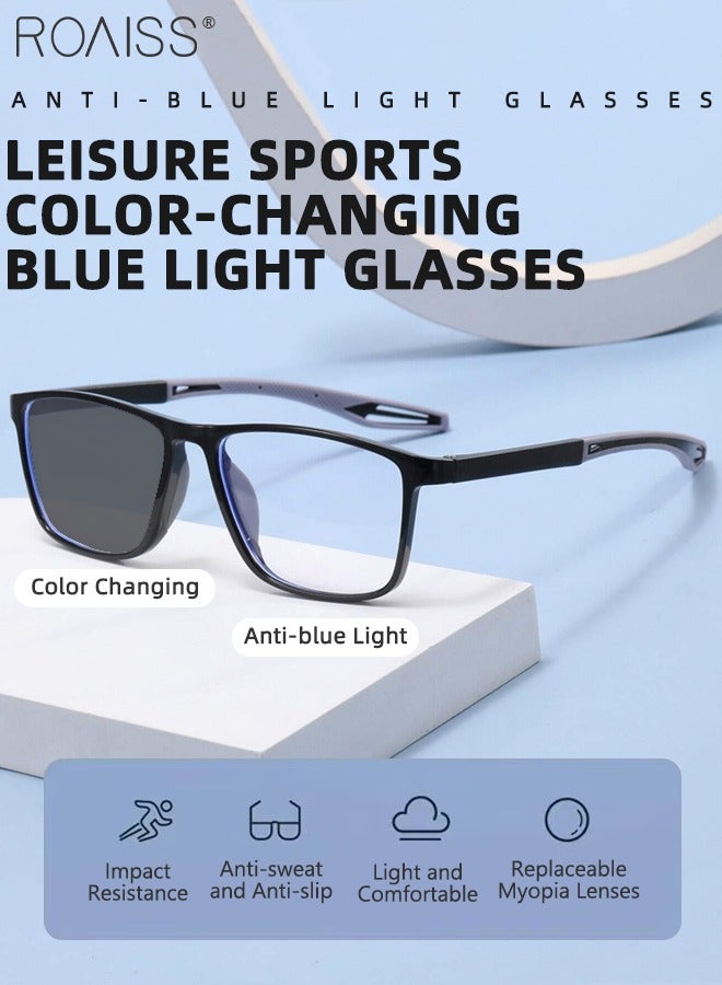 Men's Blue Light Blocking Glasses Anti UV and Glare Blue Light Filter Computer Glasses Rectangular Color Changing Anti Eyestrain Headache Sports Eyewear with Super Light TR Frame Black Grey 55mm