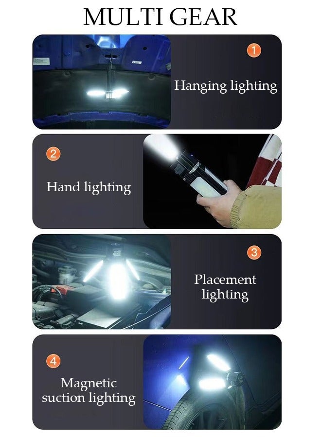 LED Camping Lantern with 3 Solar Panels Rechargeable Camping Lights 4-in-1 Dimmable Waterproof Flashlight Portable Lamp Lantern Battery Display with Bottom Magnet for Power Outages Hanging Tent