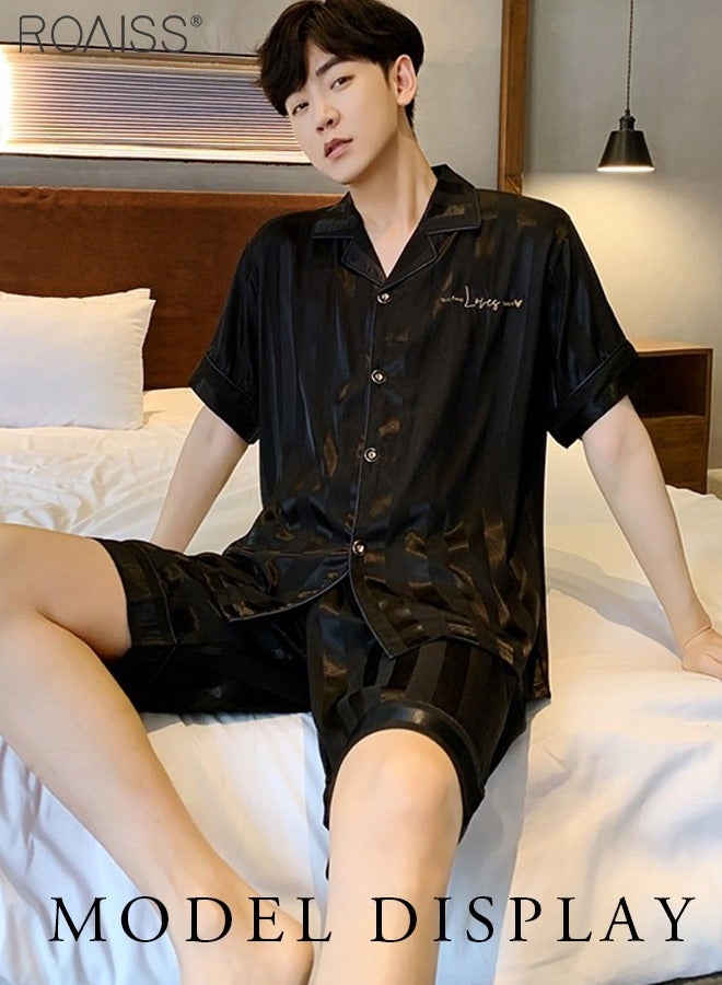 2-Piece Couple Style Ice Silk Pajama Set For Men And Women Button Fastening Lapel Short-Sleeved Shirt And Elastic Waist Shorts Set Home Wear